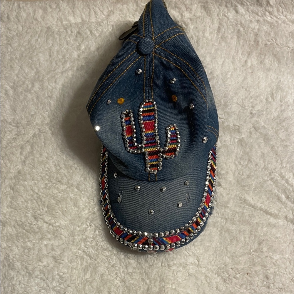 Embellished Denim Cap with Cactus Design